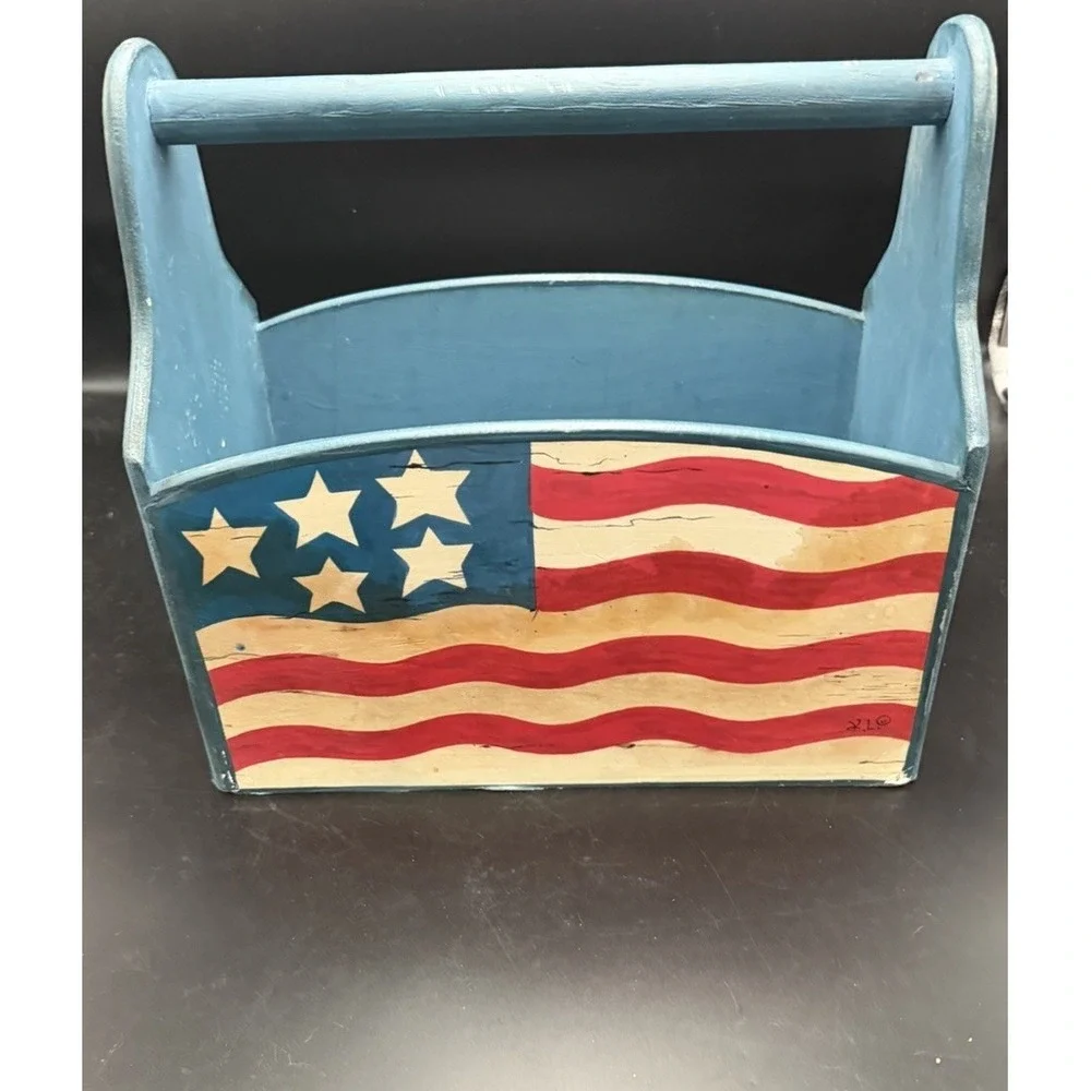 Americana Patriotic Wooden Storage Caddy Basket Tote Hand Painted Flag Decor